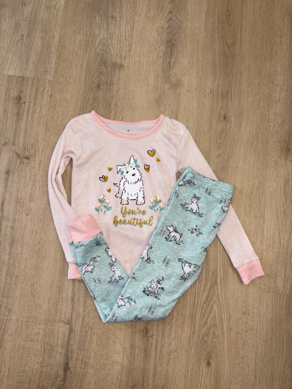 Laura Ashley Pink Top and Mint Puppy Pajama Set with Gold Accents